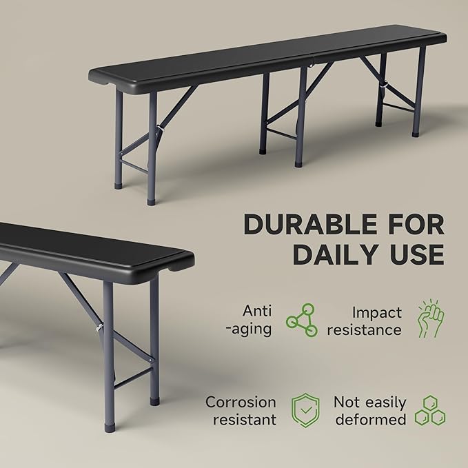 6FT Folding Bench - Heavy Duty 770lbs Capacity, Safety Locking Button & Wider Carrying Handle, Foldable Portable Bench for Outdoor, Picnic, Storage, Camping - Black, 2 Pack
