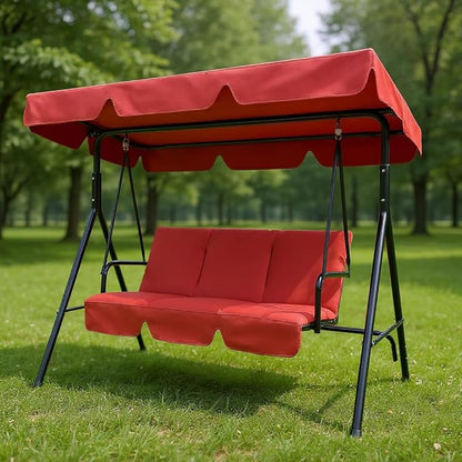 Outdoor Swing Chair with Adjustable Canopy - 3 Seat Glider Bench with Thickened Cushions for Patio, Garden, Backyard Red
