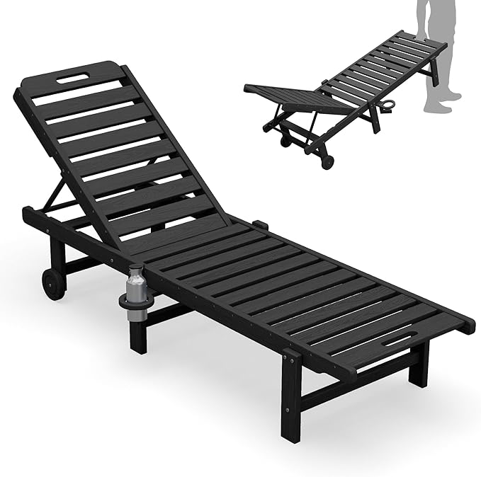 SERWALL Patio Chaise Lounge Chair, HDPE Outdoor Lounge Chair with Cup Holder - Photo 1