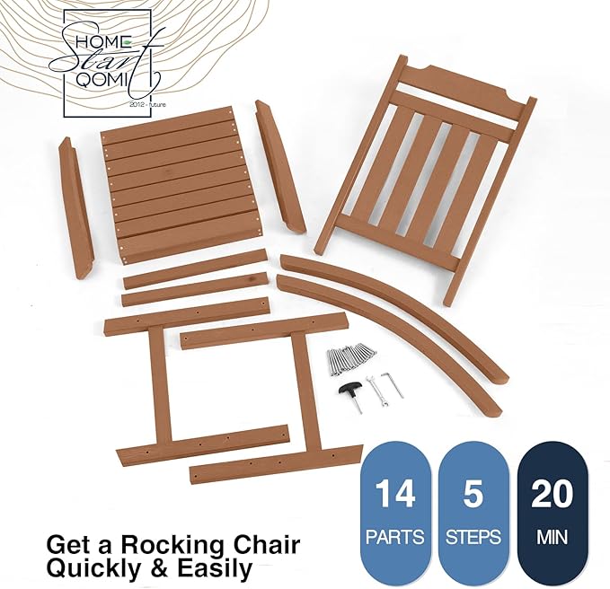 Rocking Chair, All Weather Resistant Poly Lumber Outdoor Porch Rocker, Rocking Chairs for Outdoor, Indoor, Patio, Deck, Garden, Backyard, Load Bearing 380 lbs - Teak