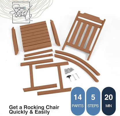 Rocking Chairs Set of 2, All Weather Resistant Poly Lumber Outdoor Porch Rocker, Rocking Chairs for Outdoor, Indoor, Patio, Deck, Garden, Backyard, Load Bearing 380 lbs - Teak