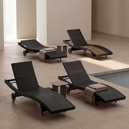 Set of 4 Dark Brown Outdoor Chaise Lounge Chairs, Wicker Patio Lounge Chairs with Adjustable Backrest and Wheels, Durable PE Rattan Pool Chair for Patio, Poolside and Garden