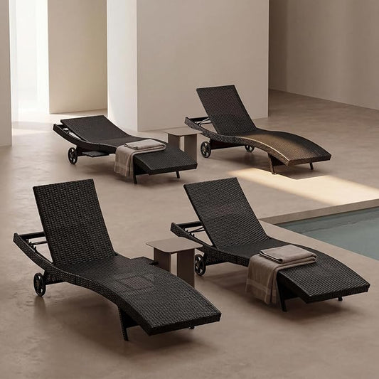 Set of 4 Dark Brown Outdoor Chaise Lounge Chairs, Wicker Patio Lounge Chairs with Adjustable Backrest and Wheels, Durable PE Rattan Pool Chair for Patio, Poolside and Garden