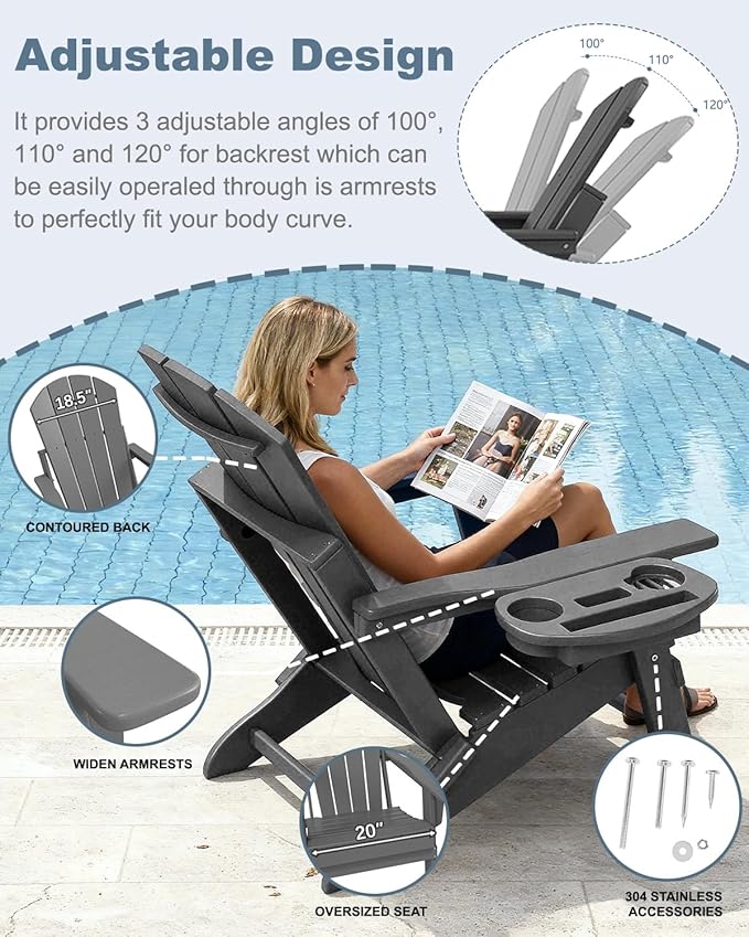Adjustable Adirondack Chair Set of 6 with Cup Holder, All Weather HDPE Fire Pit Chairs for Deck, Backyard, Patio, Grey