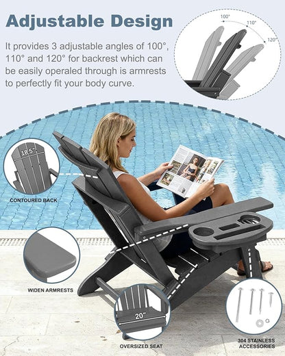 Adjustable Adirondack Chair Set of 4 with Cup Holder, All Weather HDPE Fire Pit Chairs for Deck, Backyard, Patio, Grey