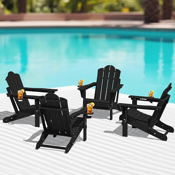 KINGYES Folding Adjustable Adirondack Chairs Set of 4, HDPE All Weather Use Reclining Adirondack Chair, Outdoor Adirondack Chair- Black