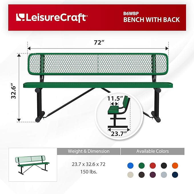 Leisure Craft Metal Outdoor Bench with Back - 6 Foot Heavy Duty Bench Seating for Garden, Porch, Picnic, Park, Expanded Metal, Thermoplastic Coating, Commercial Grade Furniture Made in USA - Green