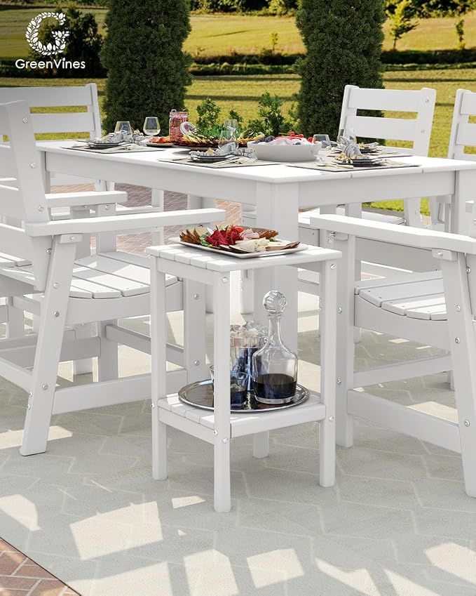 GREENVINES Tall-Outdoor-Side-Table | 23.5" | HDPE Plastic | Patio Adirondack End Tables | All Weather | 2-Tier | White | for Porch Garden Indoor & Rocking Chairs