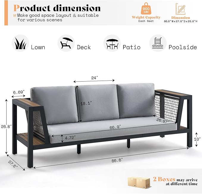 2 Piece Aluminum Patio Sofa with Storage Armrest & Water-Resistant Cushions, 6-Seat Outdoor Couch with Rattan Mesh Sides - Photo 2