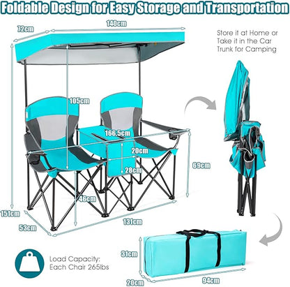 S AFSTAR Double Camping Chair w/Shade Canopy, 2-Person Folding Camp and Beach Chair with Mini Table Beverage Cup Holder Carrying Bag, Collapsible Camping Chairs for Garden Patio Pool Beach