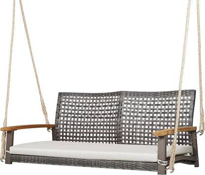 Tangkula 2-Person Outdoor Porch Swing with 118" Hanging Ropes, Patiojoy PE Wicker Patio Hanging Swing Bench with Soft Seat Cushion & 800 Lbs Weight Capacity, Suitable for Patio, Garden (Off White)