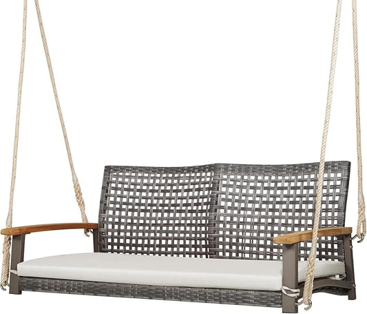 Tangkula 2-Person Outdoor Porch Swing with 118" Hanging Ropes, Patiojoy PE Wicker Patio Hanging Swing Bench with Soft Seat Cushion & 800 Lbs Weight Capacity, Suitable for Patio, Garden (Off White)
