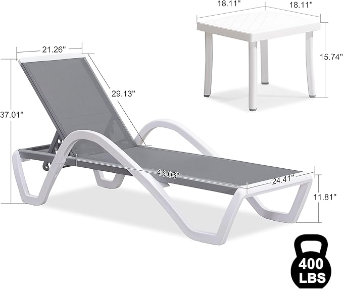 PURPLE LEAF Patio Chaise Lounge Chair Set Outside Aluminum Plastic Stackable Tanning Chairs with Armrests and Side Table for Pool Sunbathing Beach Deck Outdoor Lounger, Grey