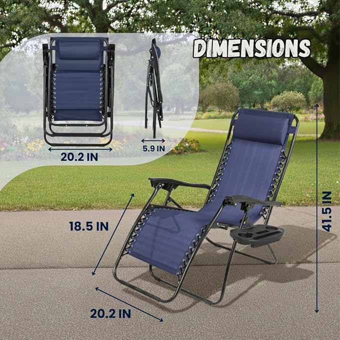 EZONE Zero Gravity Lounge Chairs Outdoor Adjustable Reclining Patio Chair Steel Mesh Folding Recliner for Pool Beach Camping Lounge Chair with Pillows and Cup Tray (2, Navy Blue)