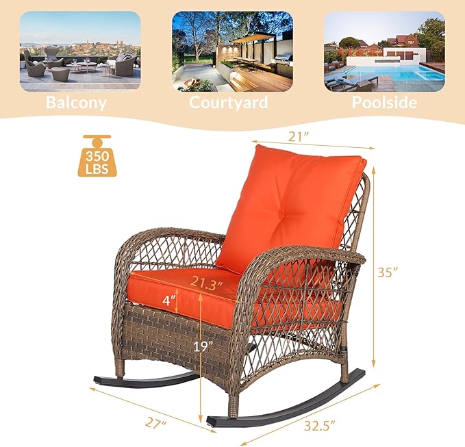 Outdoor Wicker Rocking Chair with Thickened Cushions, All-Weather Rattan Patio Rocking Chairs - Photo 2