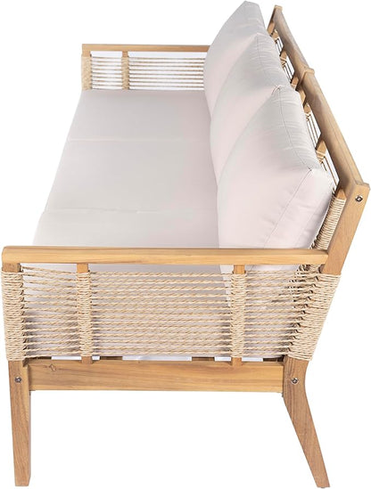 Merax Hommie 3-Seater Patio Sofa, 75in Outdoor Handwoven Rope Acacia Wood Couch with Beige Cushions for Garden, Backyard, Poolside, Teak