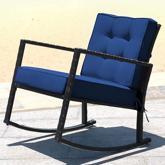 Tangkula Wicker Rocking Chair, Outdoor Glider Rattan Rocker Chair with Heavy-Duty Steel Frame, Patio Wicker Furniture Seat with 5” Thick Cushion for Garden, Porch, Backyard, Poolside (2, Blue)