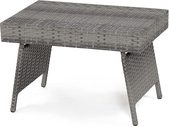 RELAX4LIFE Patio Rattan Side Table - Folding Coffee Table with Premium Brown PE Wicker & High-Duty Steel Frame, Outdoor Beside Table for Garden, Courtyard, Poolside (Gray)