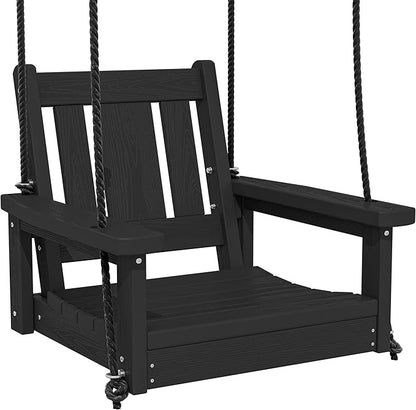 SERWALL HDPE Single Porch Swing, Heavy Duty Single Person Swing Chair with 2 Polypropylene Hanging Ropes, Adirondack Hanging Chair for Outdoor Front Porch Patio Garden Yard, Black