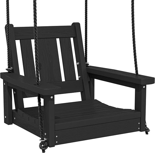 SERWALL HDPE Single Porch Swing, Heavy Duty Single Person Swing Chair with 2 Polypropylene Hanging Ropes, Adirondack Hanging Chair for Outdoor Front Porch Patio Garden Yard, Black
