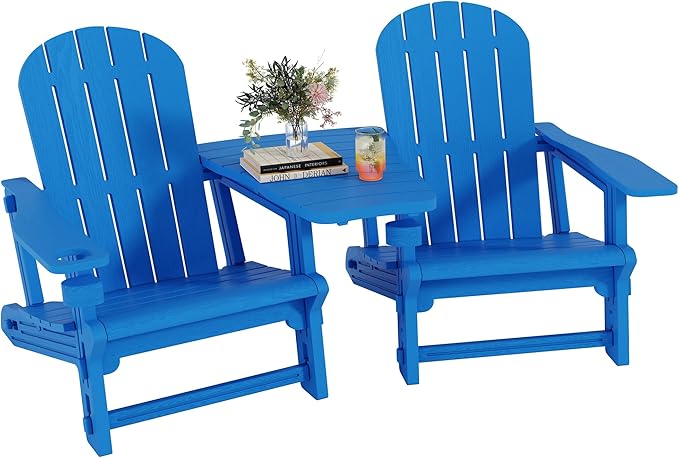 Shintenchi Adirondack Chairs Set of 2,HDPE Adirondack Chairs w/Removable Tablelop & Umbrella Hole,All-Weather Wooden Textured Plastic Outdoor Chairs w/Cup Holders for Garden Backyard Pool,Blue