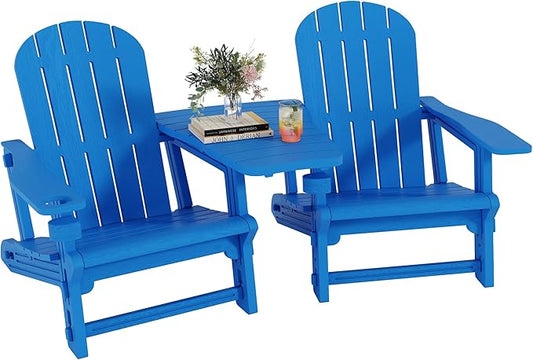 Shintenchi Adirondack Chairs Set of 2,HDPE Adirondack Chairs w/Removable Tablelop & Umbrella Hole,All-Weather Wooden Textured Plastic Outdoor Chairs w/Cup Holders for Garden Backyard Pool,Blue
