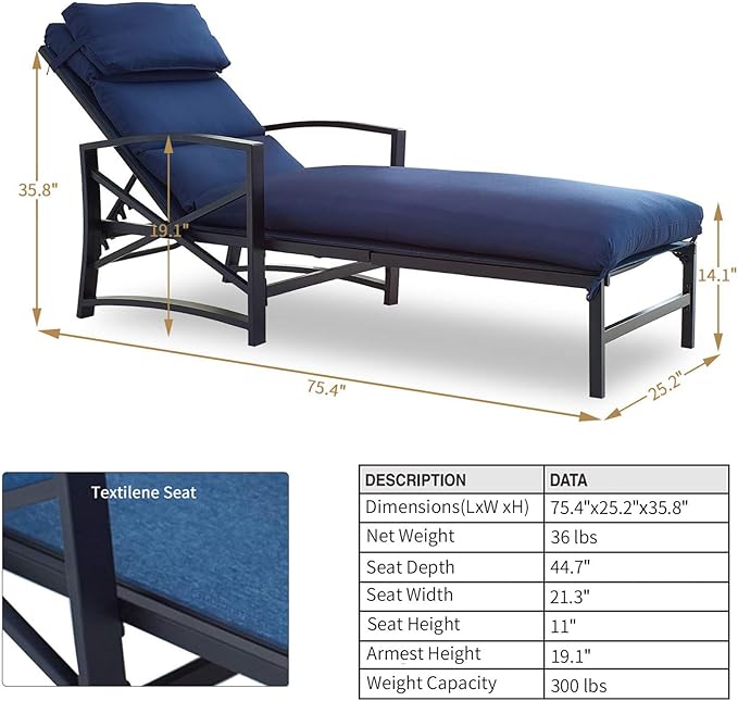 PatioFestival Patio Lounge Chair Cushioned Textilene Chaise Lounger Outdoor with Adjustable Back 3.1" Thickness Long Cushion All Weather Frame (Blue)