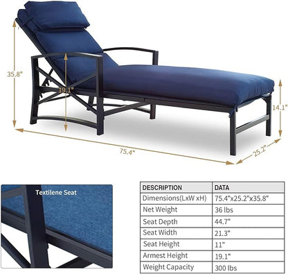 PatioFestival Patio Lounge Chair Cushioned Textilene Chaise Lounger Outdoor with Adjustable Back 3.1" Thickness Long Cushion All Weather Frame (Blue)