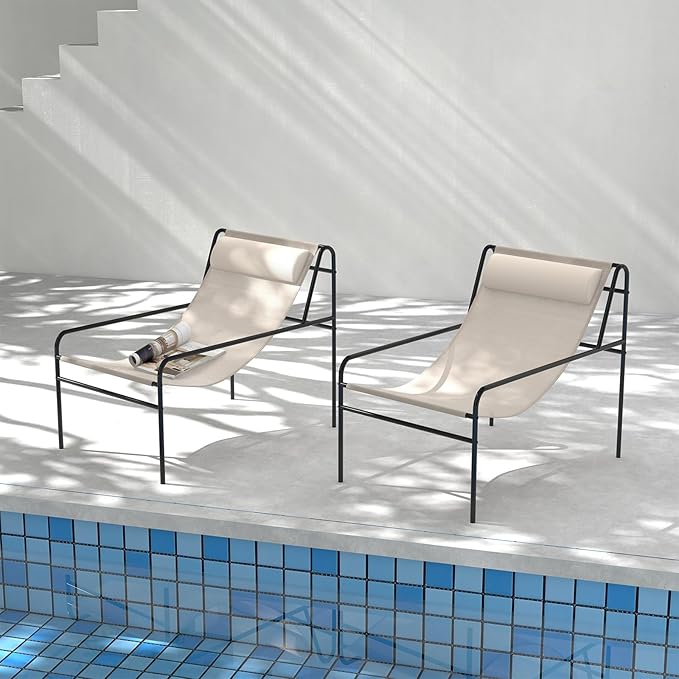Tangkula Patio Sling Lounge Chair, Modern Sling Accent Chair w/Removable Headrest Pillow, Heavy-Duty Metal Frame, Breathable Seat Fabric, Leisure Chair for Indoor Outdoor, 350 lbs Max Load (2)