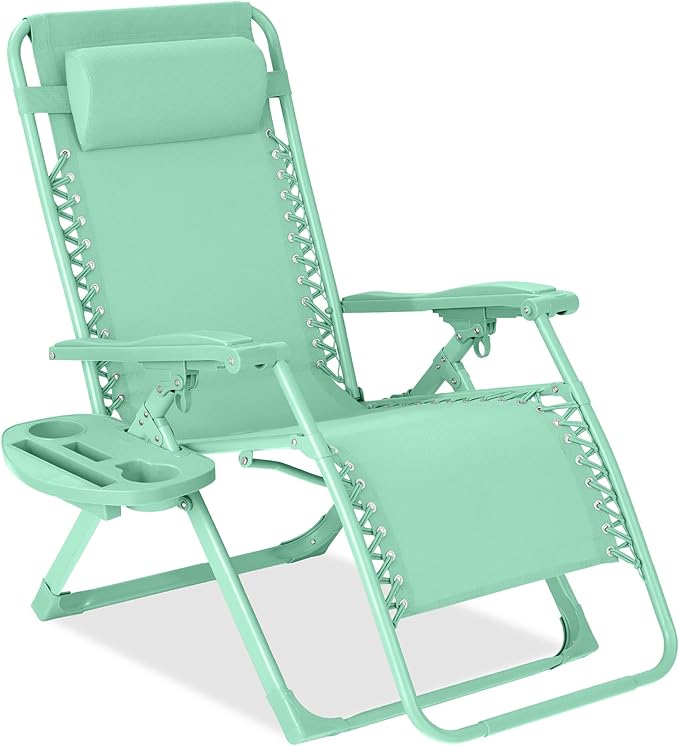 Best Choice Products Adjustable Zero Gravity Chair, Monochromatic Color Folding Patio Recliner w/Side Tray, Headrest - Mint