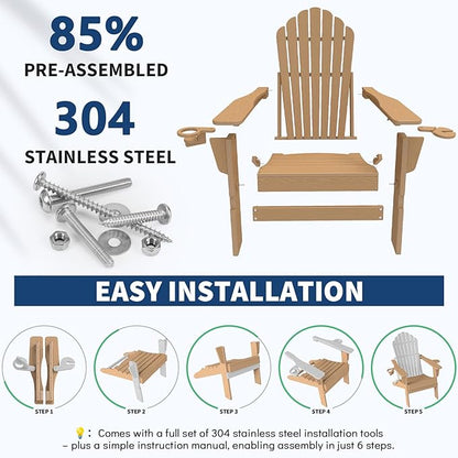 Plawdlik Folding Adirondack Chair Set of 4-with Two Cup Holder,Widened Heavy All-Weather HDPE,SGS Tested,Wooden Textured, Ourdoor Patio Chairs,Teak