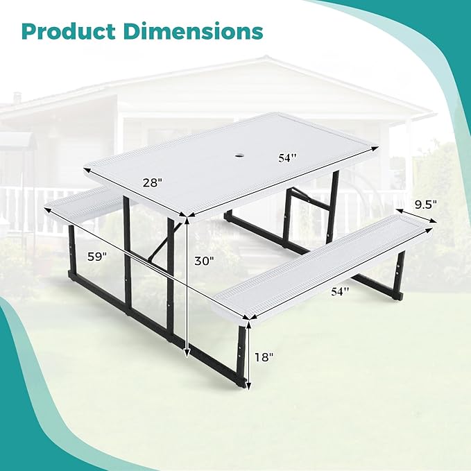 Giantex Picnic Table Bench Set for 4 People, 4.5FT Outdoor Rectangular Dining Table & 2 Benches w/Umbrella Hole - Photo 5