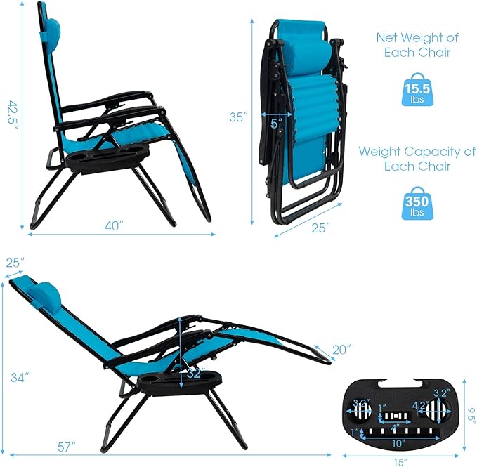 Goplus Zero Gravity Lounge Chairs, 160°Adjustable Folding Recliner w/Pillow and Cup Holder, 350LBS Comfy Outdoor Lounge Chairs for Patio, Lawn, Yard & Camp(1, Light Blue)