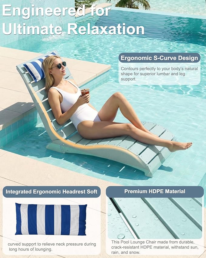 Pool Lounge Chairs, HDPE Adjustable Chaise Chairs with Headrest, Weighted Fade-Resistant Pool Chairs and Lounger for Baja Ledge，Poolside and Deck, Aruba Blue