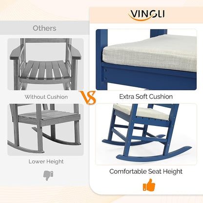 VINGLI Outdoor Rocking Chair, Heavy Duty 450 lbs Poplar Wooden Rocking Chair with High Backrest Design, Come with a Cushion, All-Weather Lounge Rocker Support for Garden, Deck (Navy Blue, 1 PC)