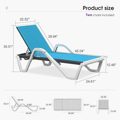 PURPLE LEAF Patio Chaise Lounge Set of 2 Plastic Pool Outdoor Lounge Chair with Armrest Stackable Poolside Tanning Chairs for Beach Deck Yard Sunbathing, Blue