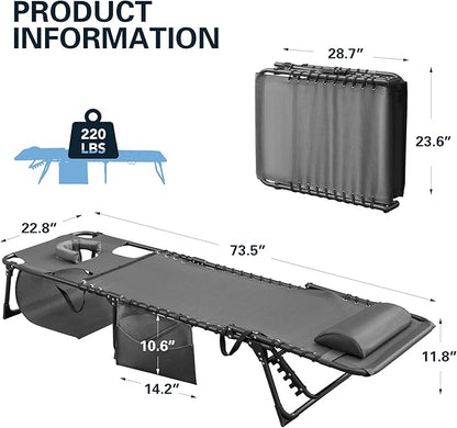 Greesum Chaise Lounge Folding Tanning Chair with 5 Position Adjustable Back, Detachable Pillow & Pocket for Outside Pool, Beach, Sunbathing, Gray w/Face Hole