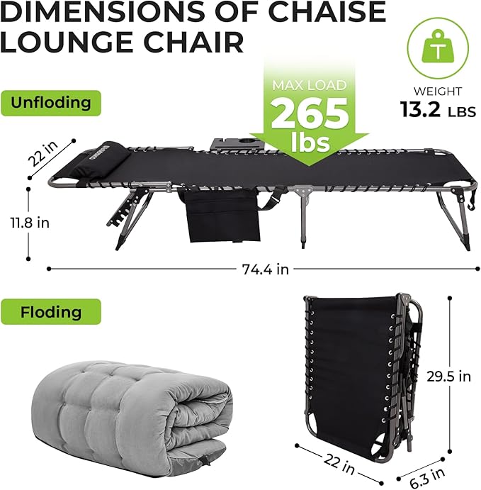 FUNDANGO Folding Chaise Lounge Chair with Soft Pad & Side Table for Outside, Patio, Beach, Sunbathing - Photo 2