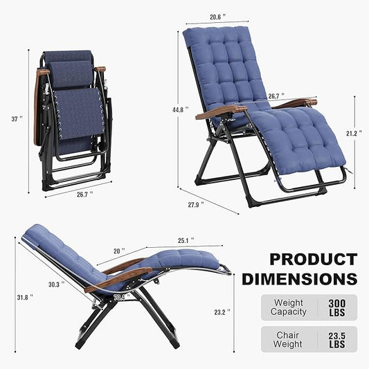 PURPLE LEAF Outdoor Reclining Chair Set of 2 Patio Zero Gravity Chaise Lounge Folding Chair with Removable Cushion Adjustable Headrest for Lawn Camping Beach Pool Navy Blue