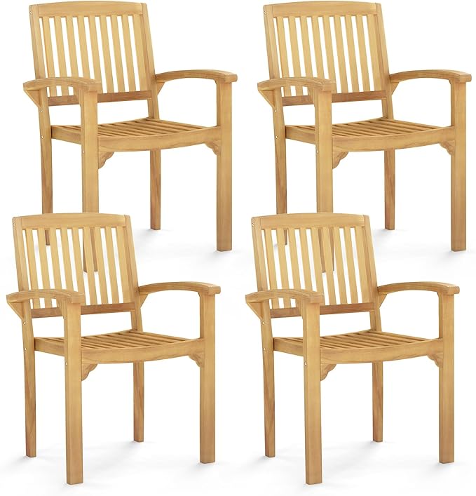 Tangkula Outdoor Patio Wood Dining Chair, Teak Wood Armchair with Slatted Seat & Curved Seat, Ergonomic Armrests, Solid Wooden Legs, for Balcony, Poolside, Porch, Yard (4)