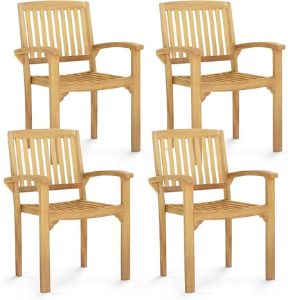 Tangkula Outdoor Patio Wood Dining Chair, Teak Wood Armchair with Slatted Seat & Curved Seat, Ergonomic Armrests, Solid Wooden Legs, for Balcony, Poolside, Porch, Yard (4)