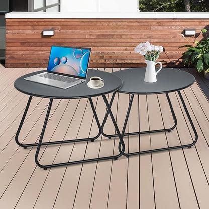 Athena Collection Small Round Outdoor Side Table Set of 2, Waterproof Metal Nested Outdoor Patio End Table Weather Resistant for Indoor, Outside, Bistro, Balcony, Garden, Black