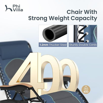 PHI VILLA XXL Oversized Padded Zero Gravity Chair, Foldable Patio Recliner, 30" Wide Seat Anti Gravity Lounger with Cup Holder, Support 400 LBS (Blue Accent)