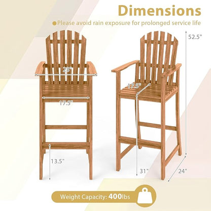 Tangkula Tall Adirondack Chair, Outdoor Acacia Wood Bar Stool with Back, Armrests and Footrest, Bar Height Patio Chair for Balcony, Porch, Deck and Backyard (4,Natural)