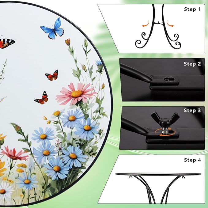 Outdoor Side Table, Flower & Butterfly Round Accent Table, Metal Indoor Small End Tables, 18" Plant Stand Tables for Patio Balcony Garden Bedside