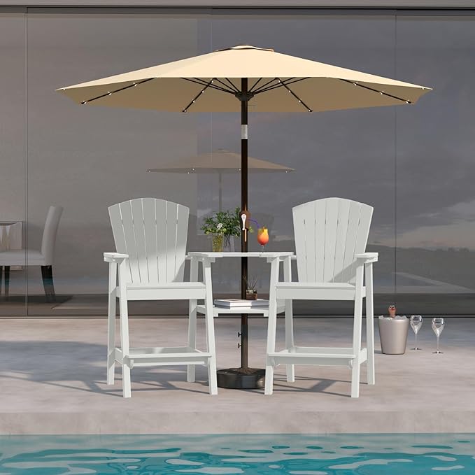 White HDPE Tall Adirondack Chair Set of 2 with Beige 9FT Patio Umbrella, All-Weather Outdoor Bar Height Chairs with Trays & Umbrella Hole for Garden, Balcony, Lawn
