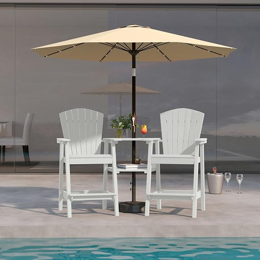 White HDPE Tall Adirondack Chair Set of 2 with Beige 9FT Patio Umbrella, All-Weather Outdoor Bar Height Chairs with Trays & Umbrella Hole for Garden, Balcony, Lawn