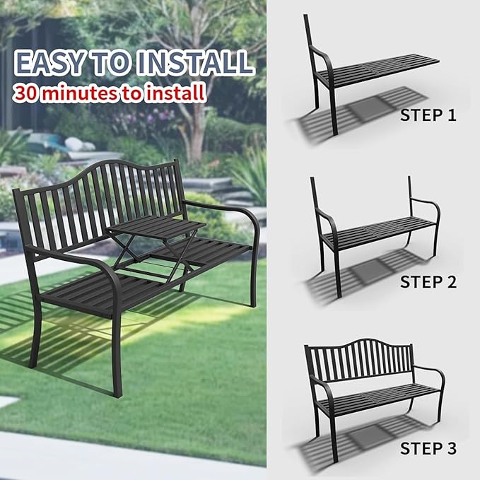SHGJ&SOFT Outdoor Bench, Garden Bench,Outdoor Metal Frame Patio Park Bench with a Small Table,for Porch, Lawn,Garden,Yard (BK04-2PACK)