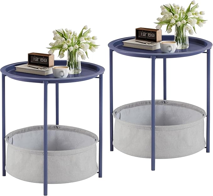 VECELO Round Side/End Table with Fabric Storage Basket，Metal Anti-Rust and Waterproof Small Bedside Nightstand with - Photo 1