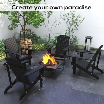 Folding Adirondack Chair, Weather Resistant Outdoor Patio Chair with Cup Holder for Lawn, Backyard, Poolside(Black)